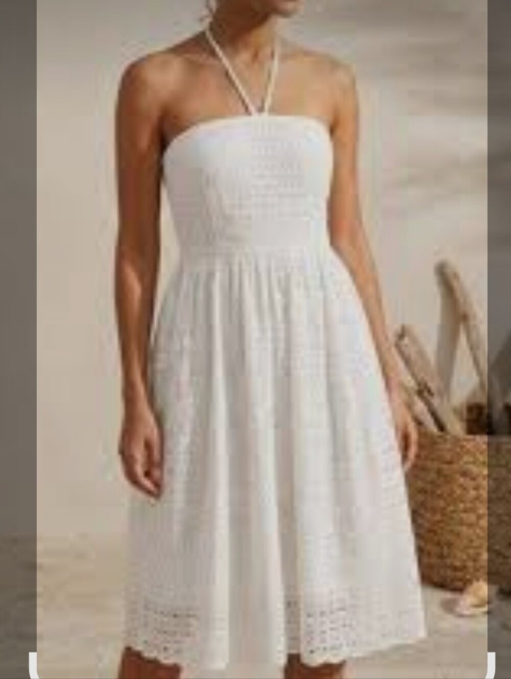 Anthropologie HD in Paris Dress beige Strapless Eyelet Pattern Pockets Size 6